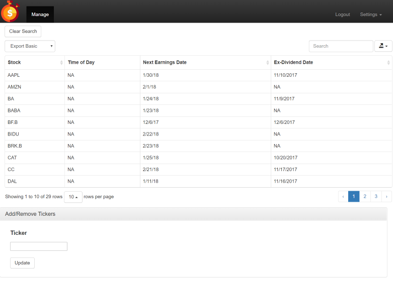 earnings and ex-div alert management