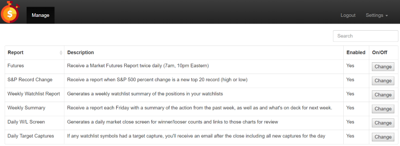Email report activation and management interface